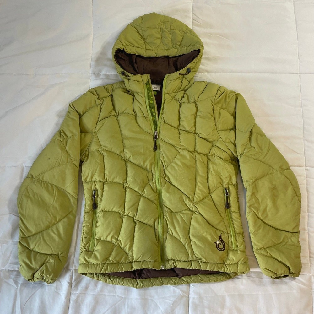 ISIS Womens Lime Green Goose Down Puffer Jacket Hooded Quilted Size 8 RN102547